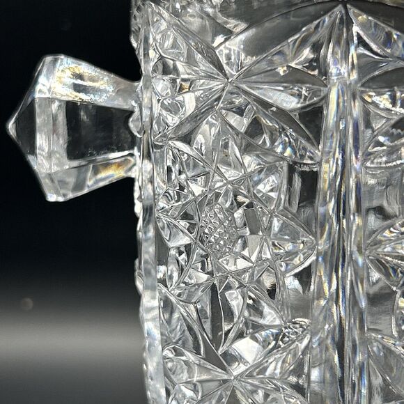 Ice Bucket Crystal Clear Glass w/Saw Tooth Edges & Knob Handles Vintage - Picture 4 of 9